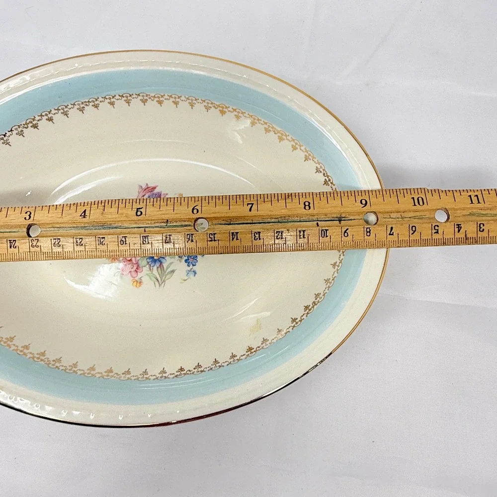 Homer Laughlin Eggshell Georgian Oval Vegetable Bowl Blue Gold Floral 9 1/4